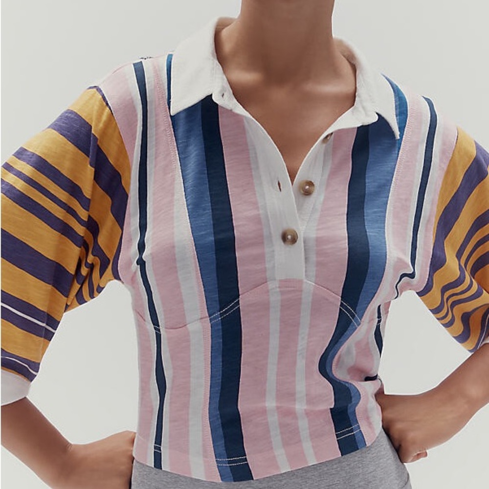 Anthropologie Pilcro Corset-Inspired 3/4 Sleeve Polo Shirt